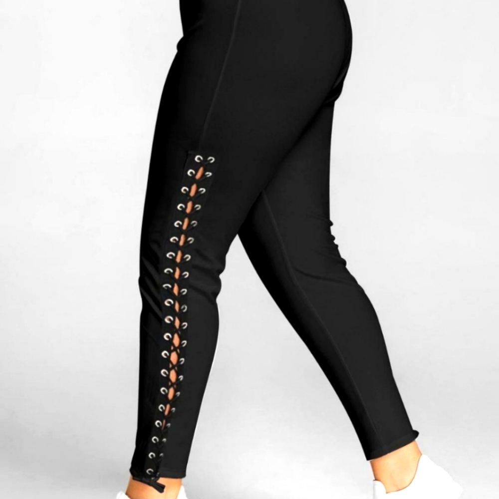 Rose Gal Poly Spandex Blend Boudoir Lace Up Black Legging Pants Size 2X / 16